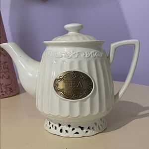 Elegant French White Ceramic Teapot with Gold Accent